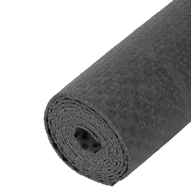 Rolled up eco yoga mat in dark grey on a white background