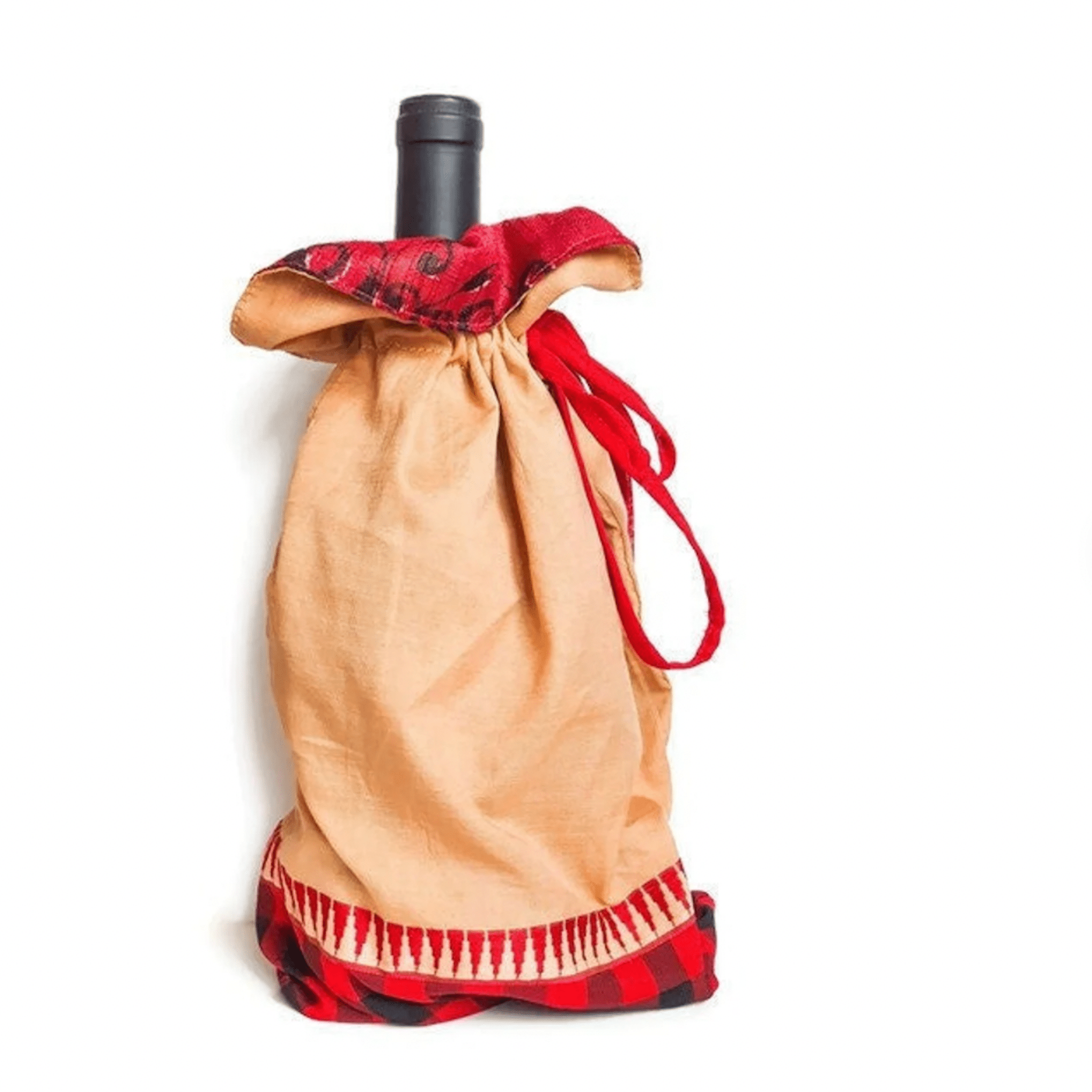 Beige drawstring bag with red plaid accents holding a bottle on a white background