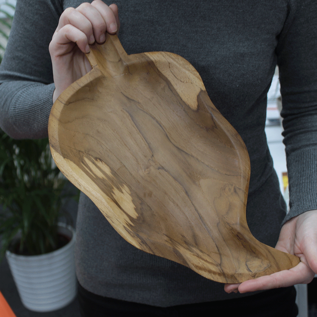 Indonesian Leaf Shaped Teak Root Wooden Display Serving Bowl