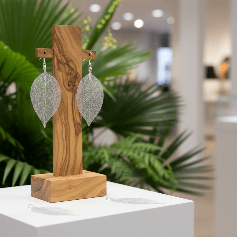 Wooden earring stand with leaf-shaped earrings on a white platform, with exotic green plants in the background