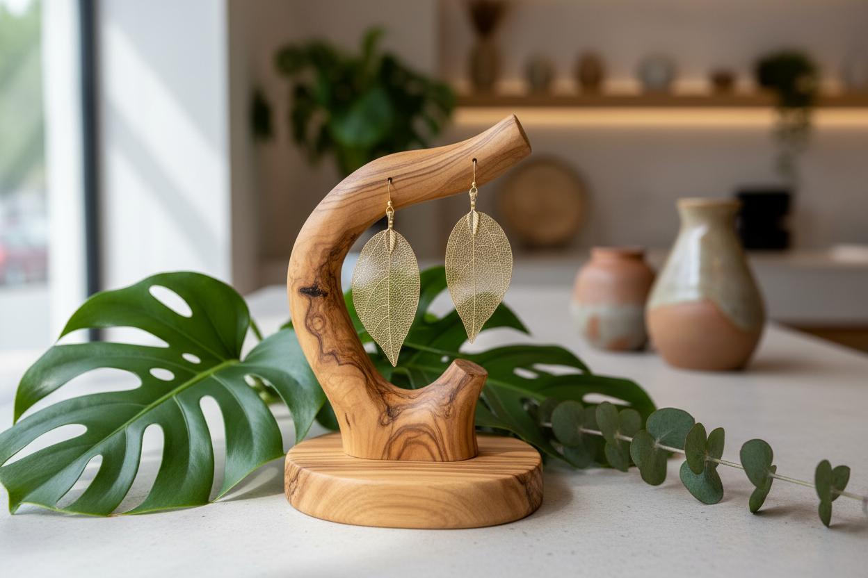 Wooden earring holder with leaf-shaped earrings on a table with greenery