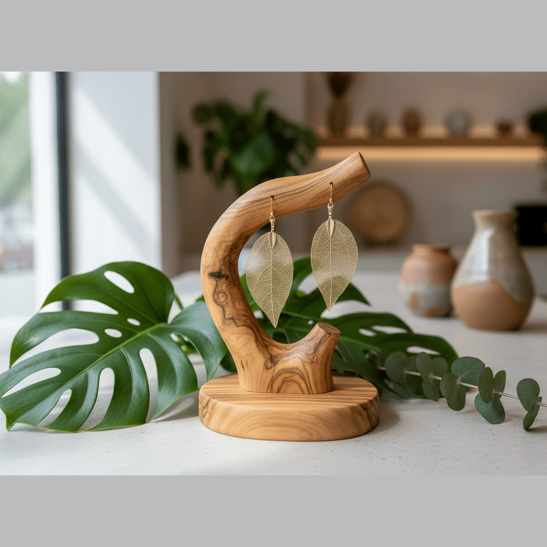 Wooden earring holder with leaf-shaped earrings on a table with greenery