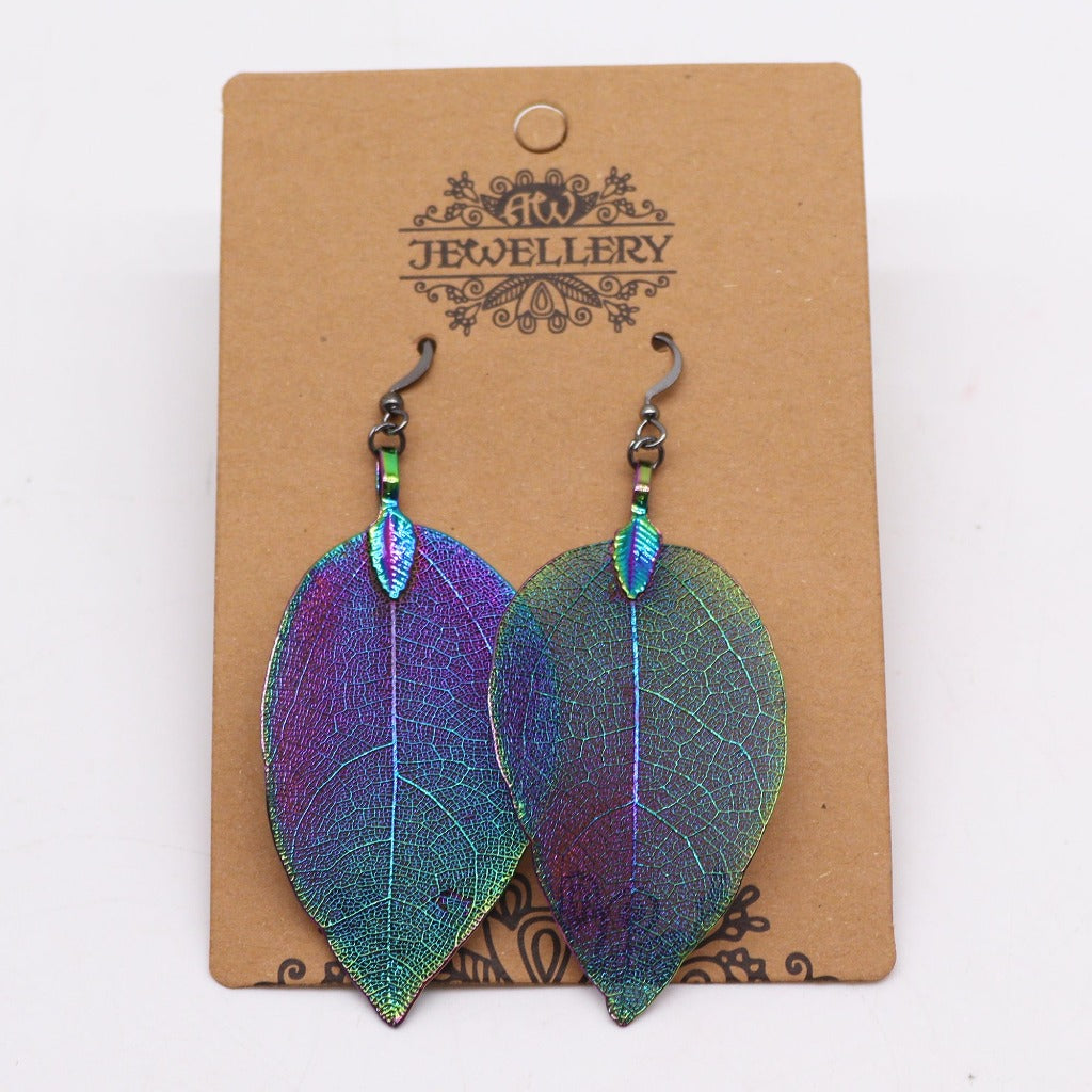 Emmy Jane Boutique AW Jewellery - Real Leaf Drop Earrings - Bravery Leaf - Gold Silver or Multi Coloured