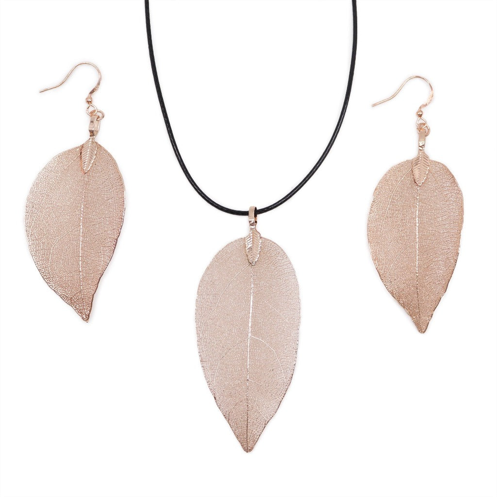 Emmy Jane Boutique Real Leaf - Necklace & Earring Set - Gold Pink or Pewter