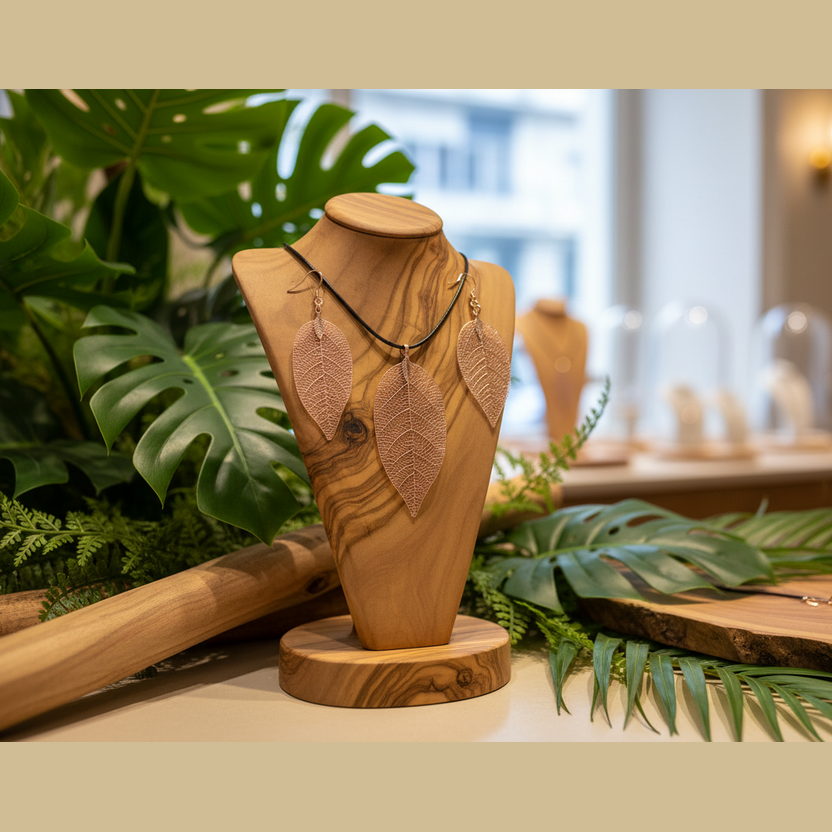 Wooden jewellery display with leaf-shaped pendants on a wooden stand, surrounded by greenery.