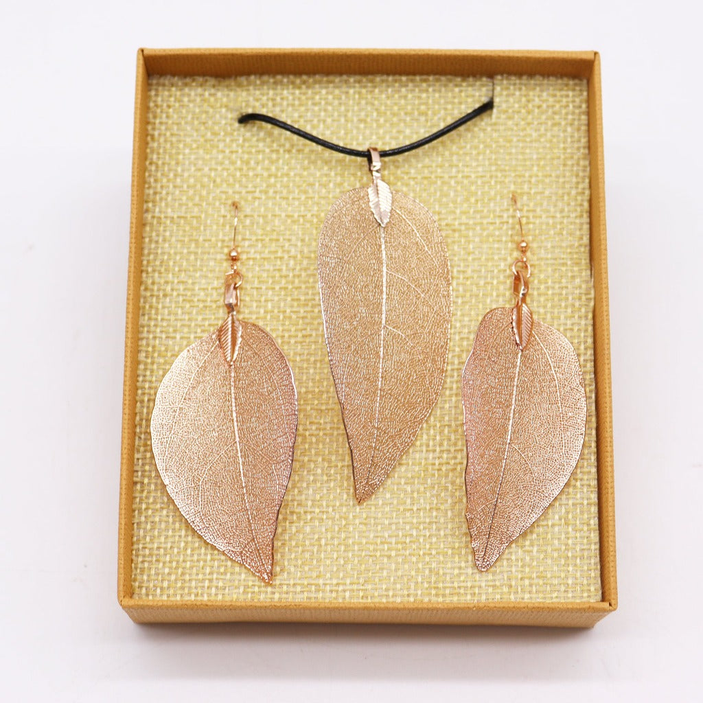 Emmy Jane Boutique Real Leaf - Necklace & Earring Set - Gold Pink or Pewter