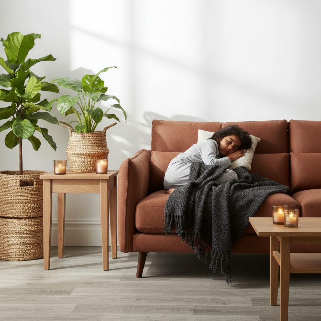 A woman sleeps soundly on a brown leather sofa, wrapped in a dark grey knit blanket and resting on a white pillow. The cosy living room setting includes a terracotta-brown sofa, a light wood side table with a lit candle, a potted fiddle-leaf fig plant, and a woven basket planter on a light grey wood floor.