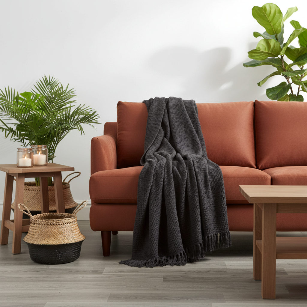 A dark charcoal gray textured throw blanket with fringe is draped over a terracotta-colored sofa in a modern living room setting with wooden furniture and potted plants.