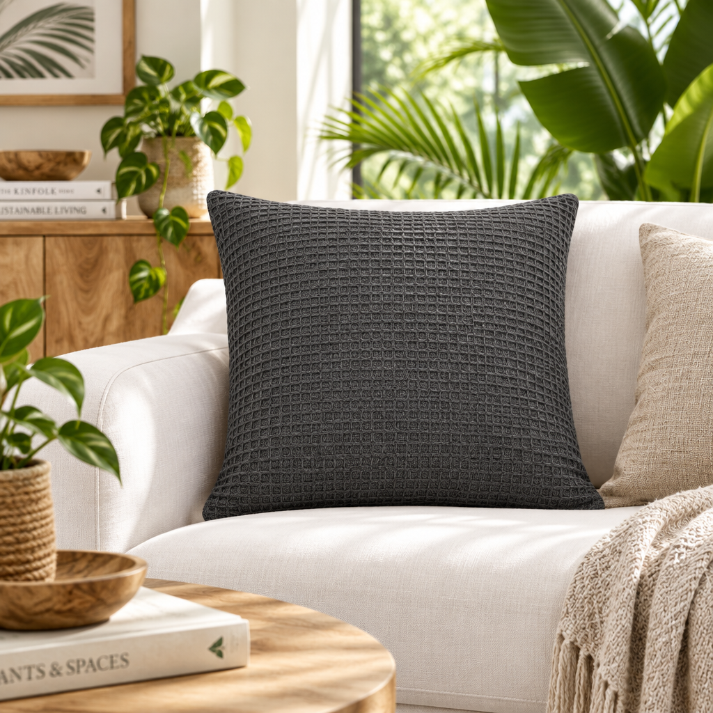 A dark charcoal gray textured throw pillow resting on a white sofa in a bright, modern living room setting with plants and a wooden side table.