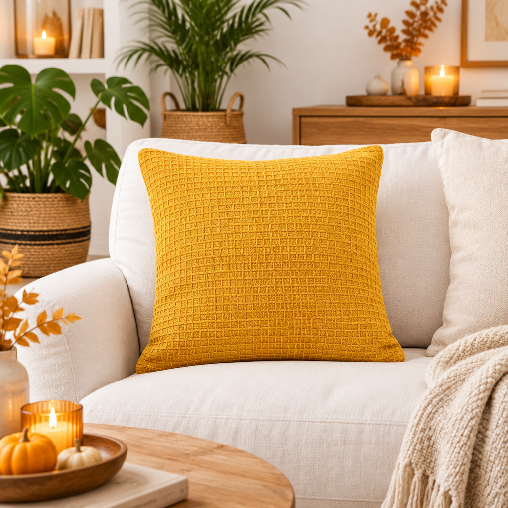 A square mustard yellow textured throw pillow resting on a white upholstered sofa in a warm, styled living room with plants, candles, and a wooden side table.