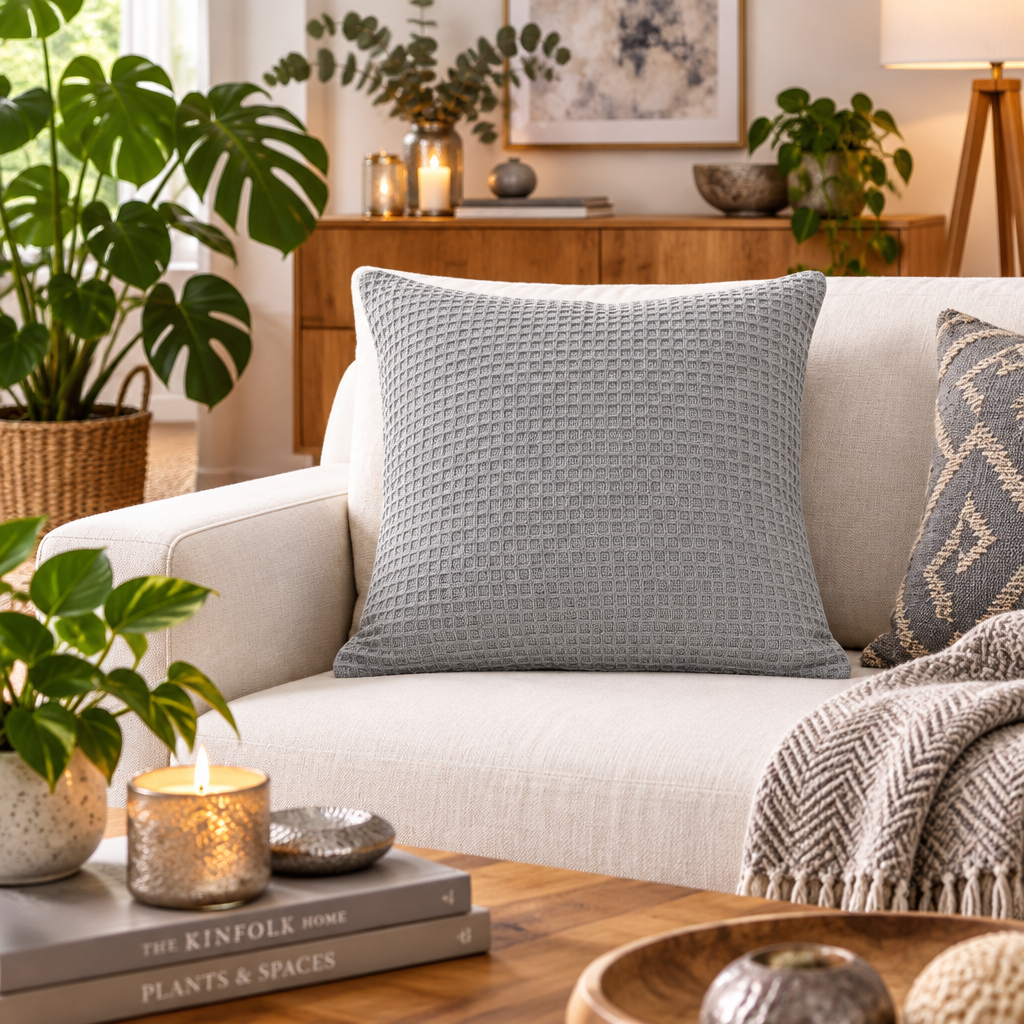 A square light gray textured throw pillow displayed on a cream-colored sofa in a cozy, styled living room setting with plants, candles, and a wooden sideboard.