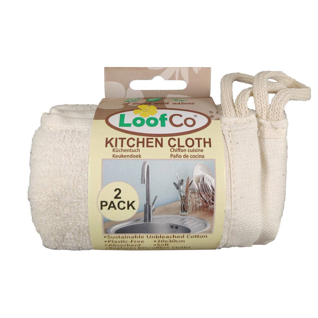 LoofCo kitchen cloth two-pack in cardboard packaging, showing natural cotton terry fabric and hanging loops on a white background