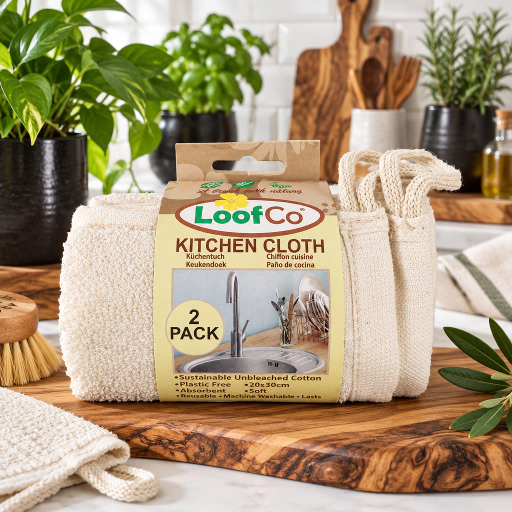 Packaged LoofCo kitchen cloth two-pack on a wooden kitchen worktop with plants and cleaning accessories