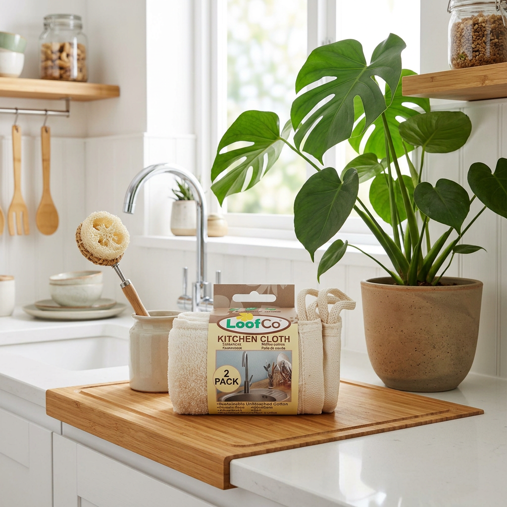 Packaged LoofCo kitchen cloth two-pack on a wooden board beside a kitchen sink, washing-up brush and potted monstera