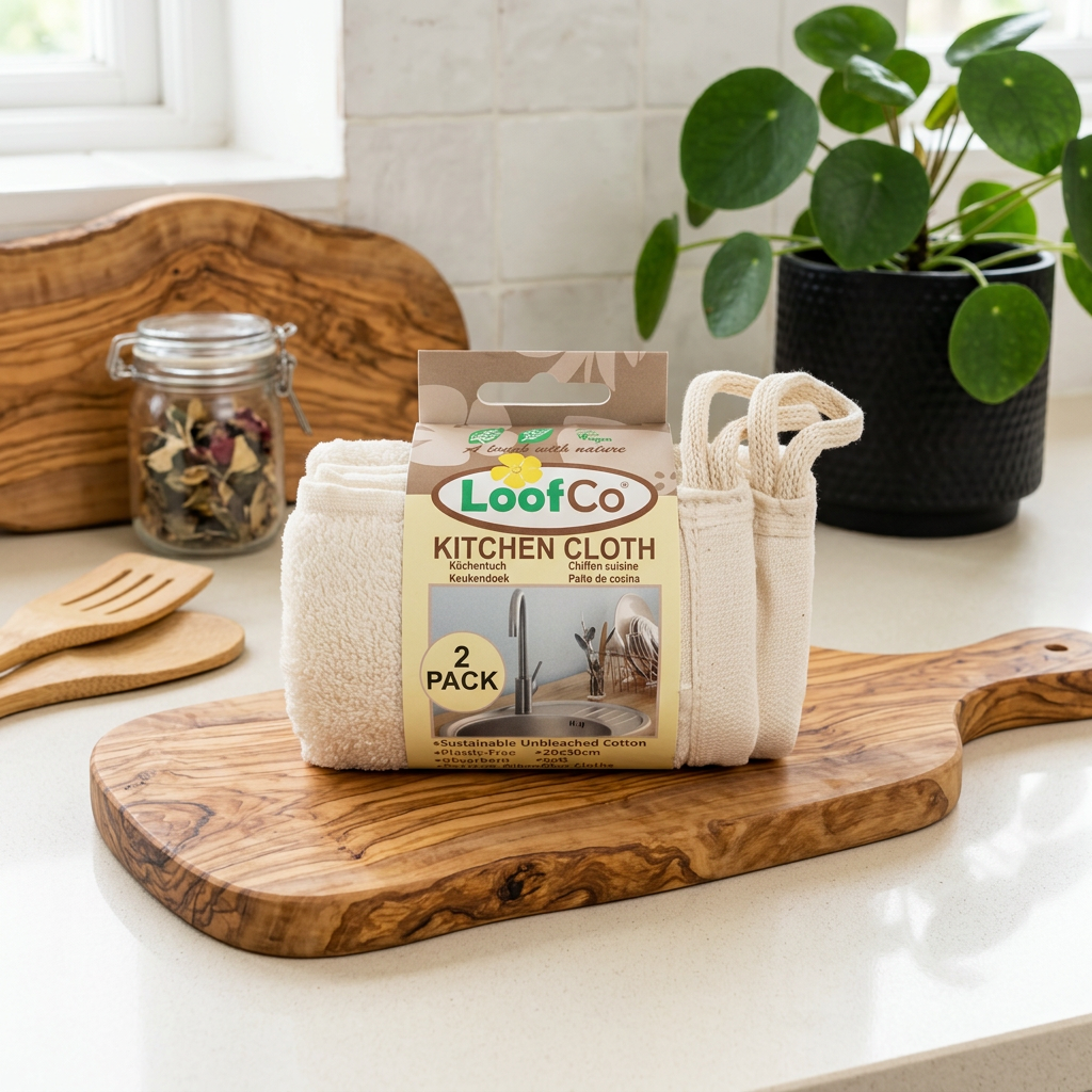 Packaged LoofCo kitchen cloth two-pack on a wooden chopping board, with a potted plant and wooden utensils in the background