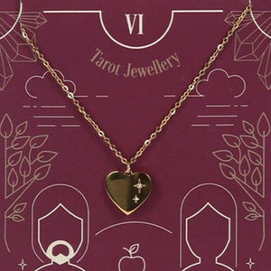 Valentines Necklace - The Lovers Tarot Necklace on Greeting Card. A mystical gold-tone heart necklace beautifully presented on a matching greeting card perfect for gifting. Inspired by the art of tarot reading.