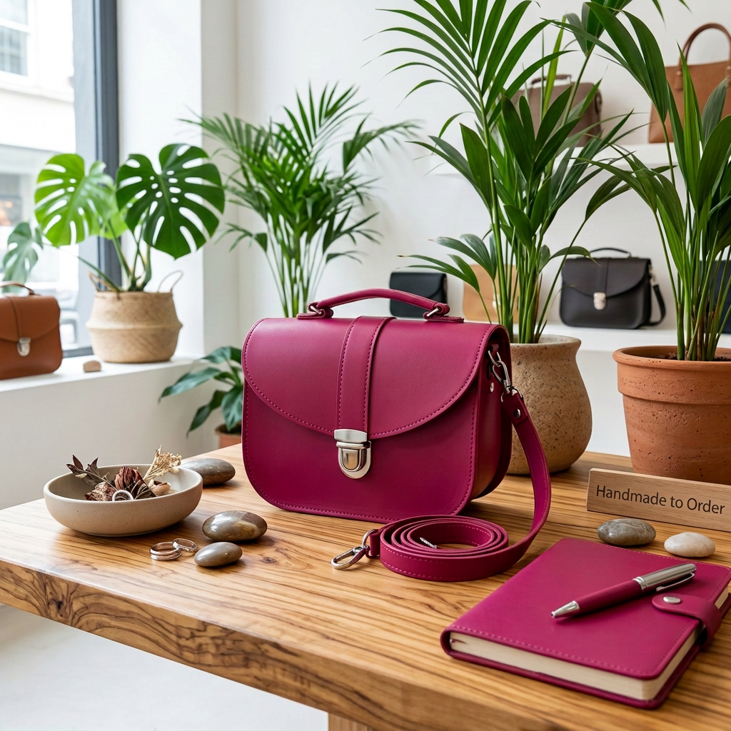 Magenta Zatchels Olympia leather handbag on a wooden table with its shoulder strap coiled beside it, surrounded by plants