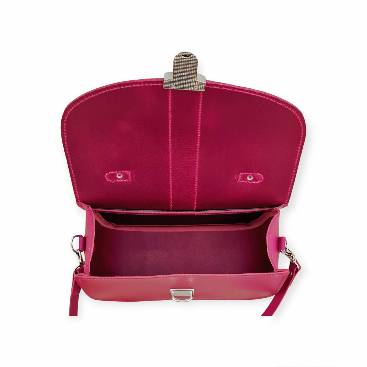 Magenta Zatchels Olympia handbag with flap open, showing the main compartment and rear slip pocket