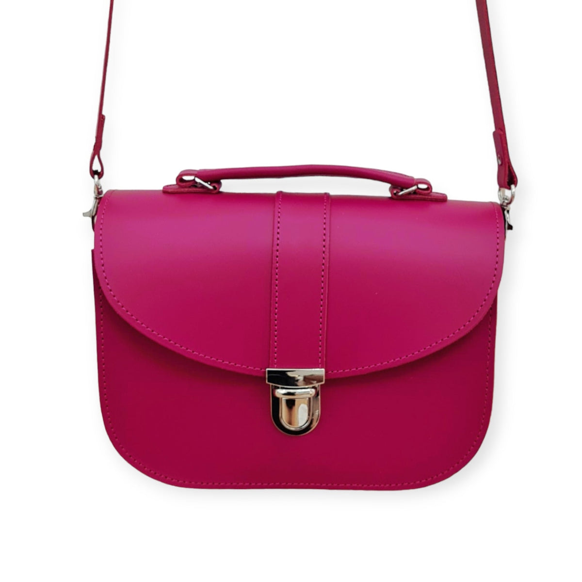 Magenta Zatchels Olympia leather handbag with shoulder strap attached and silver-coloured push-lock fastening