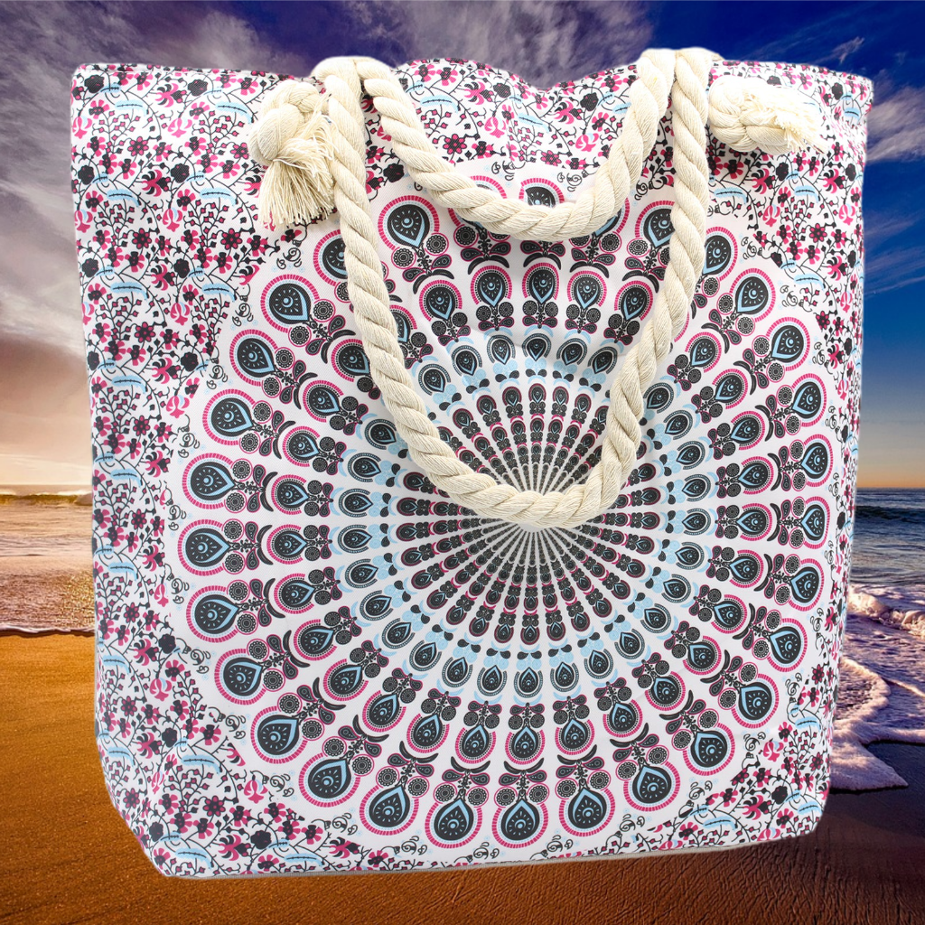 Emmy Jane - Large Beach Bag - Rope Handled Mandela Shopper Bag - Blue Shades. This charmingly patterned Mandala Bag is large enough for storing all of your essentials. This attractive bag has a small pocket inside, two shoulder straps, and a fastening at the top with a zip. Perfect for shopping and also for the beach.