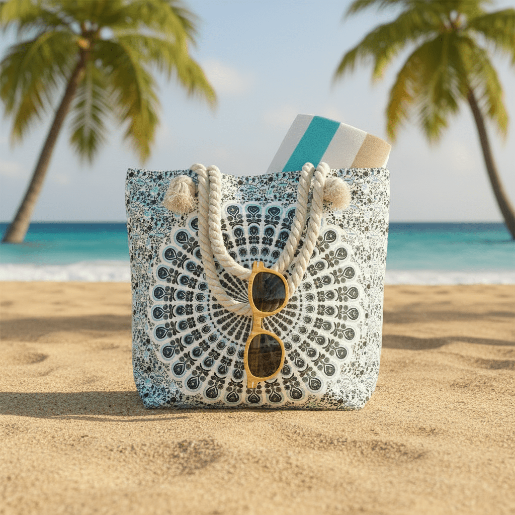 Beach bag with sunglasses on a sandy beach with palm trees and ocean in the background