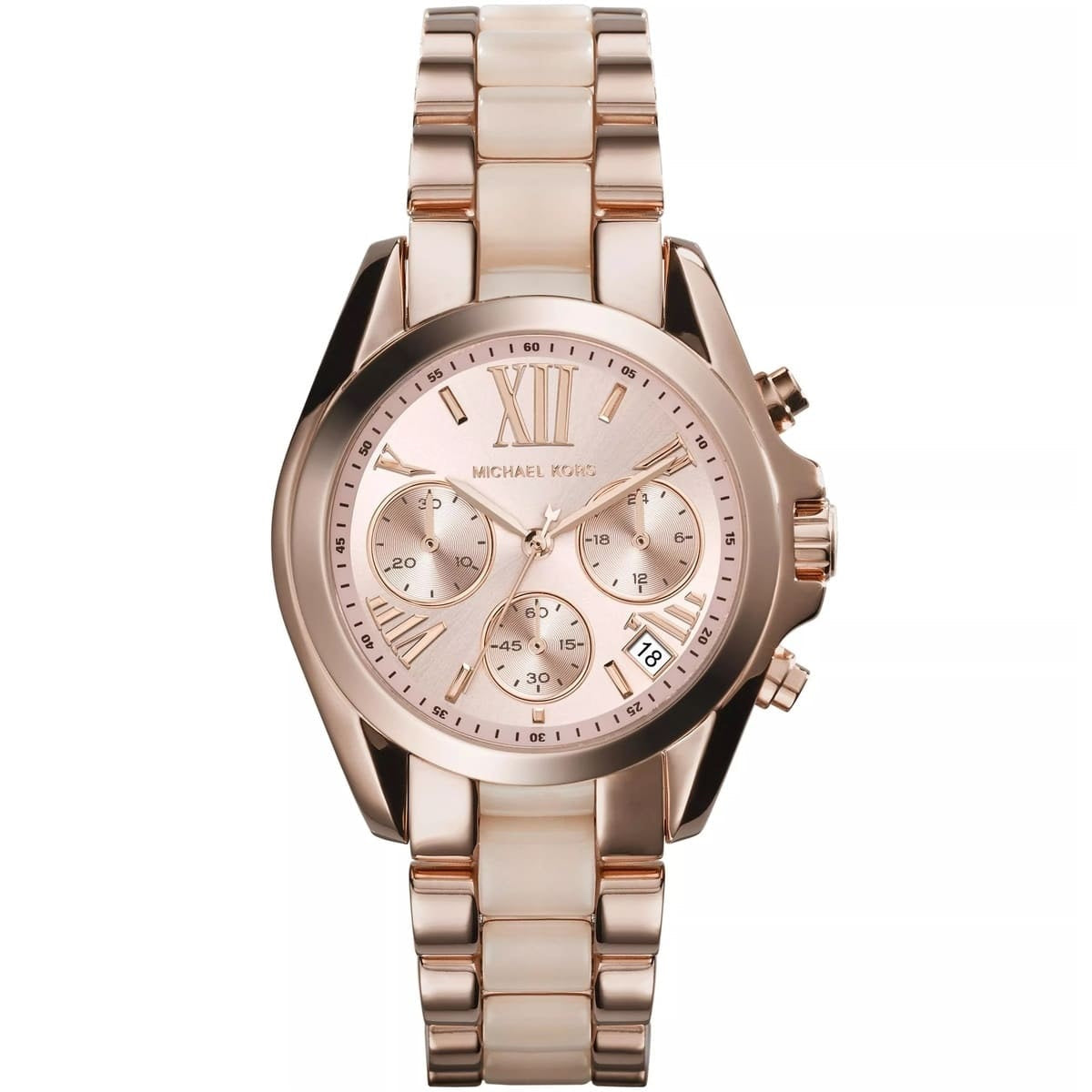 Rose gold watch with a white face on a white background