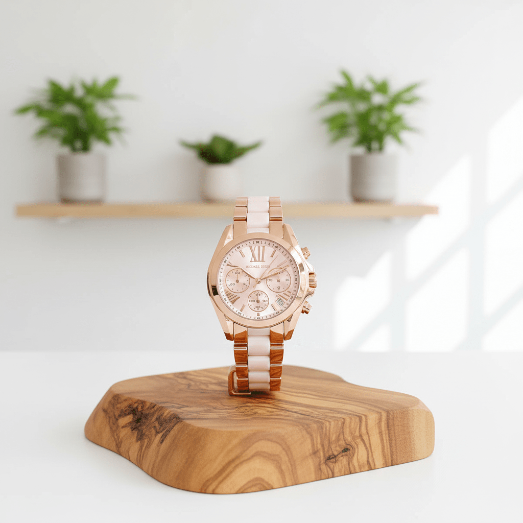 Rose gold watch on a wooden stand with a blurred indoor background