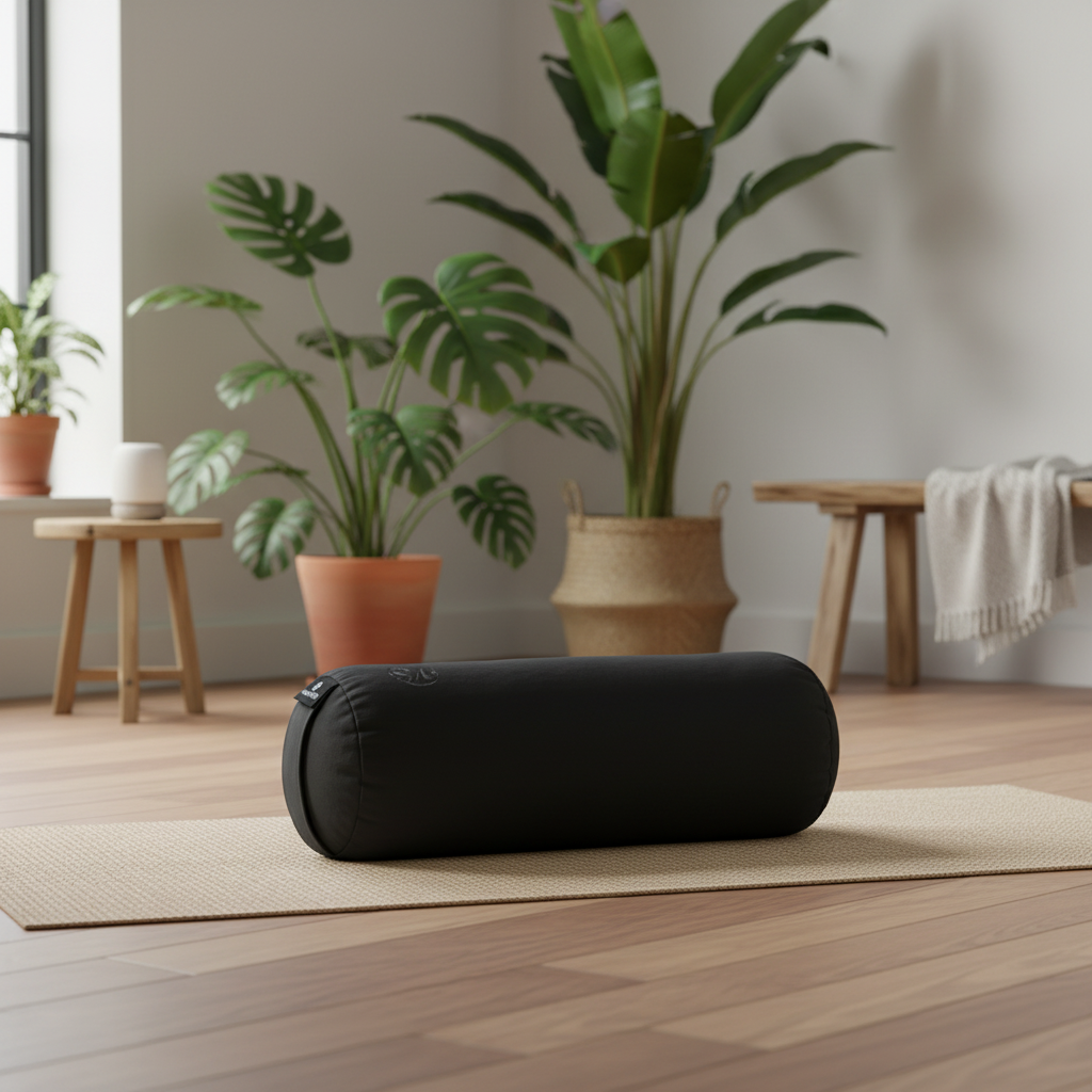 yoga bolster pillow lies horizontally on a light wood floor, surrounded by potted green plants in a bright, modern room.