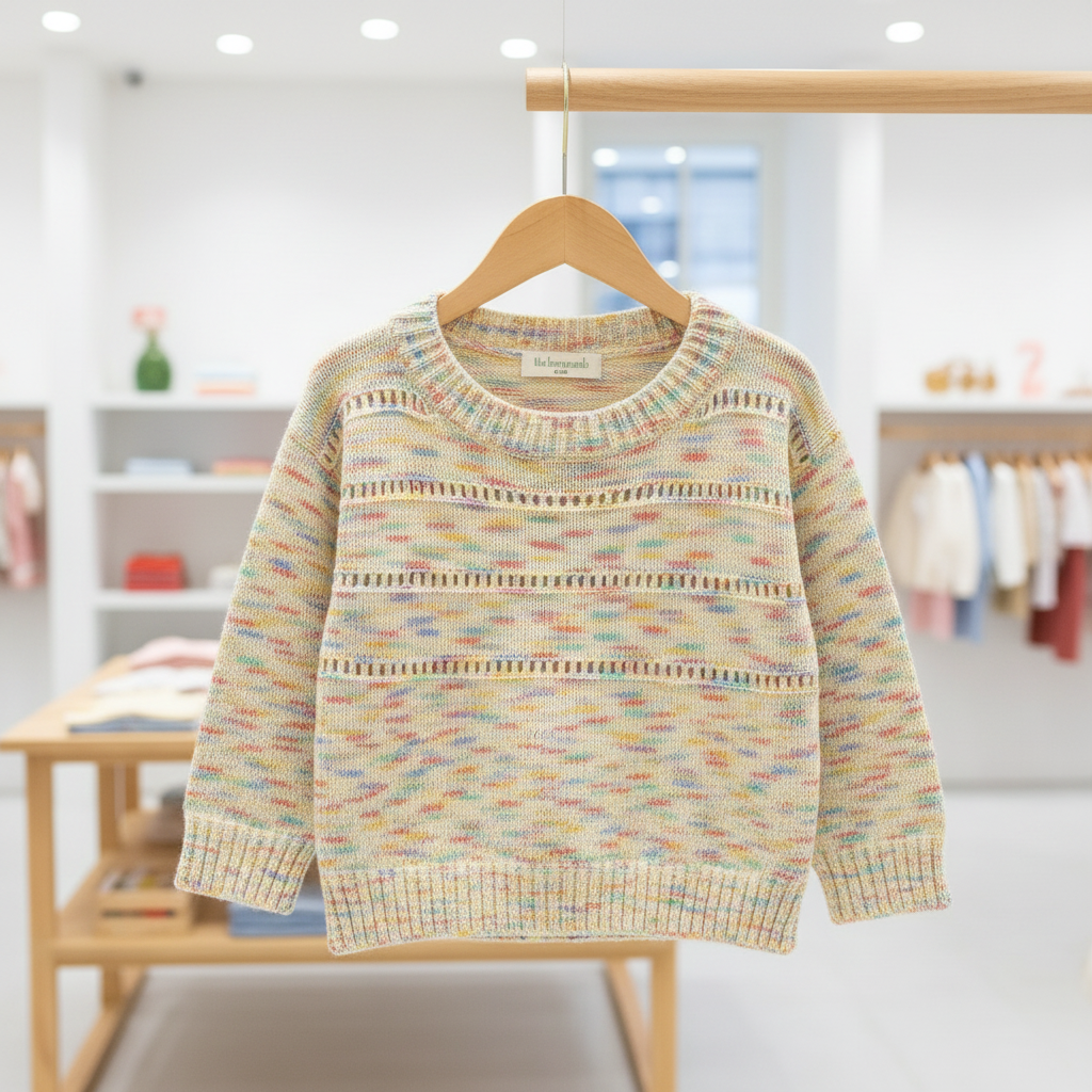 A long-sleeve knit organic cotton baby jumper with a multicolour marled pattern in soft pastel tones, hanging on a wooden hanger from a clothing rack inside a bright, modern retail store.