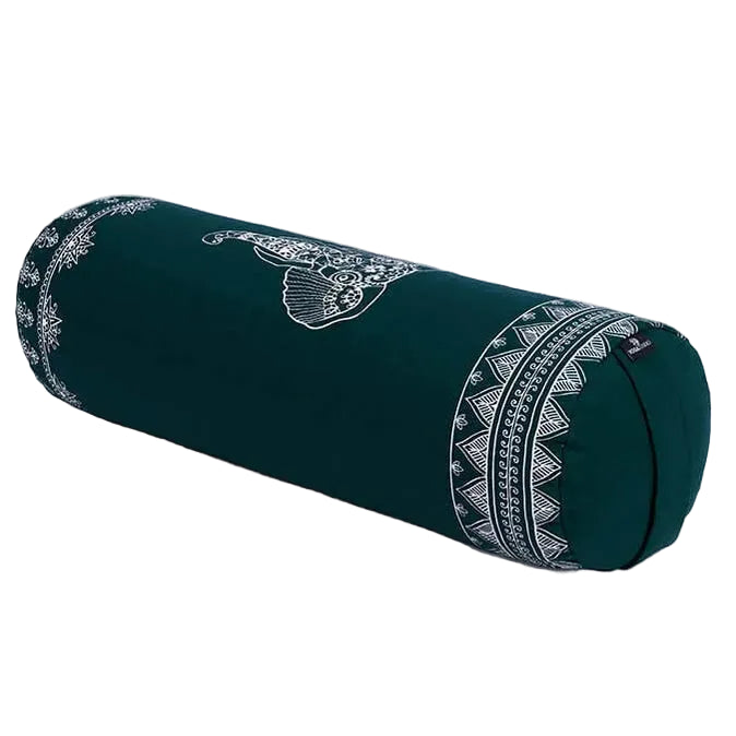 Black yoga bolster with white patterns on a white background
