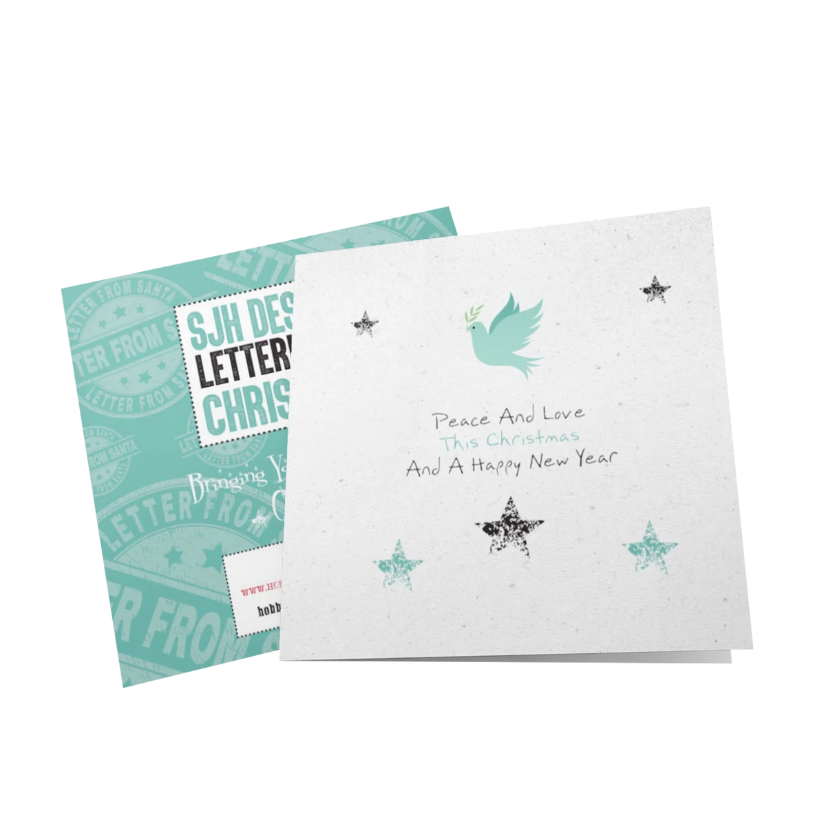 SJH Peace and Love Christmas card with a turquoise dove, scattered stars and a festive greeting, displayed with branded packaging.