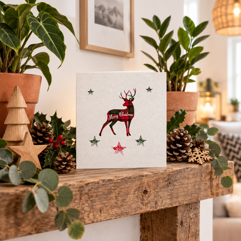 A square Christmas greeting card featuring a tartan stag with 'Merry Christmas' written on its side, surrounded by green stars and a red star, displayed on a rustic wooden mantel decorated with plants, pinecones, and eucalyptus in a cosy living room setting.