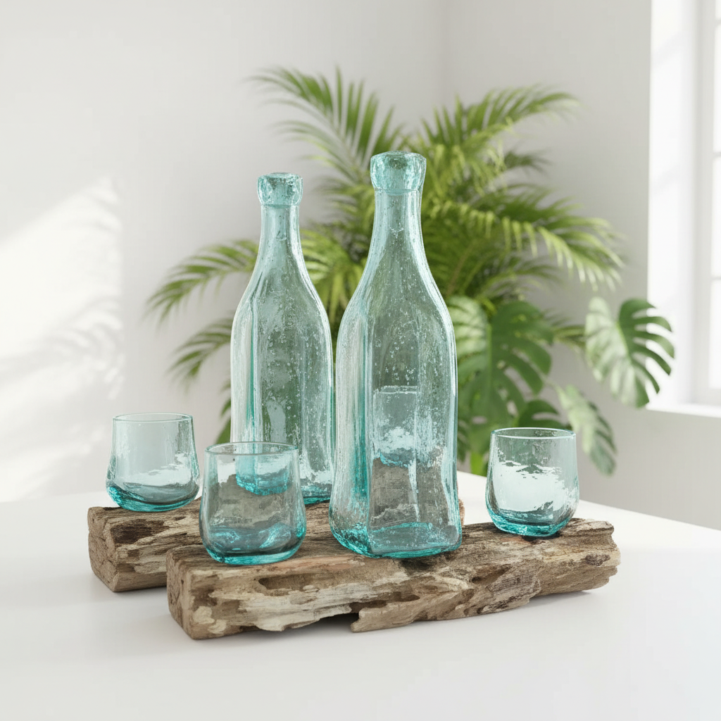 A set of four clear textured glass bottles and tumblers in a light aqua blue-tinted glass, displayed on a rustic driftwood tray on a white table with a green plant in the background.