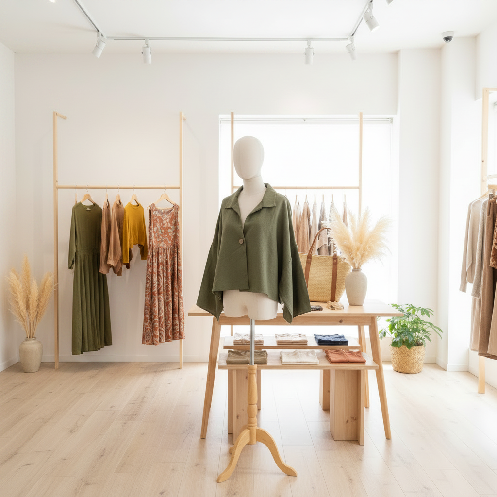A boutique interior with a mannequin wearing an olive green cape-style jacket centered on a wooden table. Clothing racks with dresses and tops, pampas grass in vases, a small plant, and light wood flooring are visible in a bright, minimal fashion store.