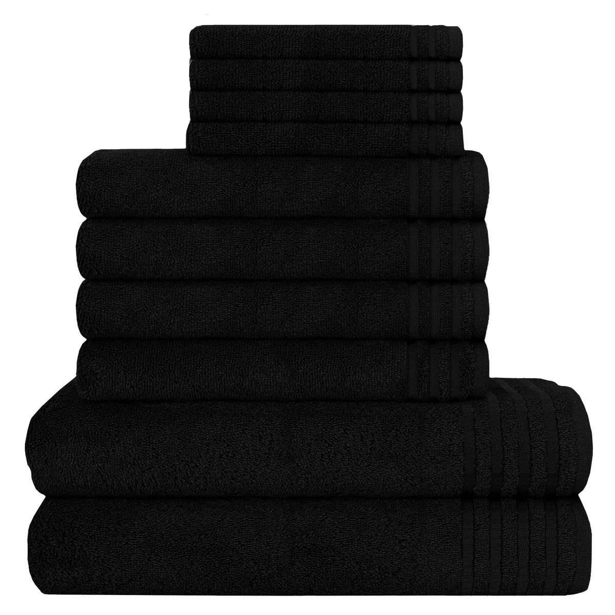 Stack of black towels on a white background