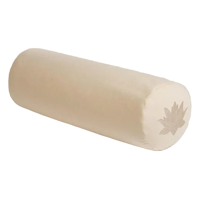 Beige foam roller with a leaf design on a white background