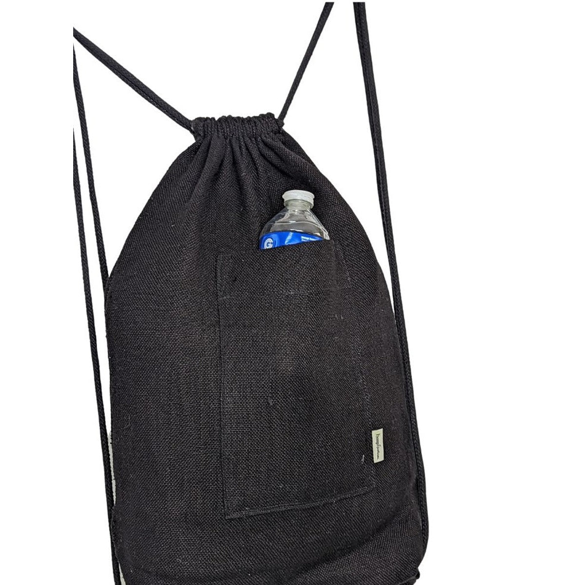 Black hemp drawstring backpack showing a bottle in its external pocket