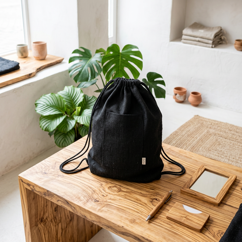 A black fabric drawstring backpack with a front pocket sits on a rustic wooden table in a bright, modern room with potted plants and neutral decor.