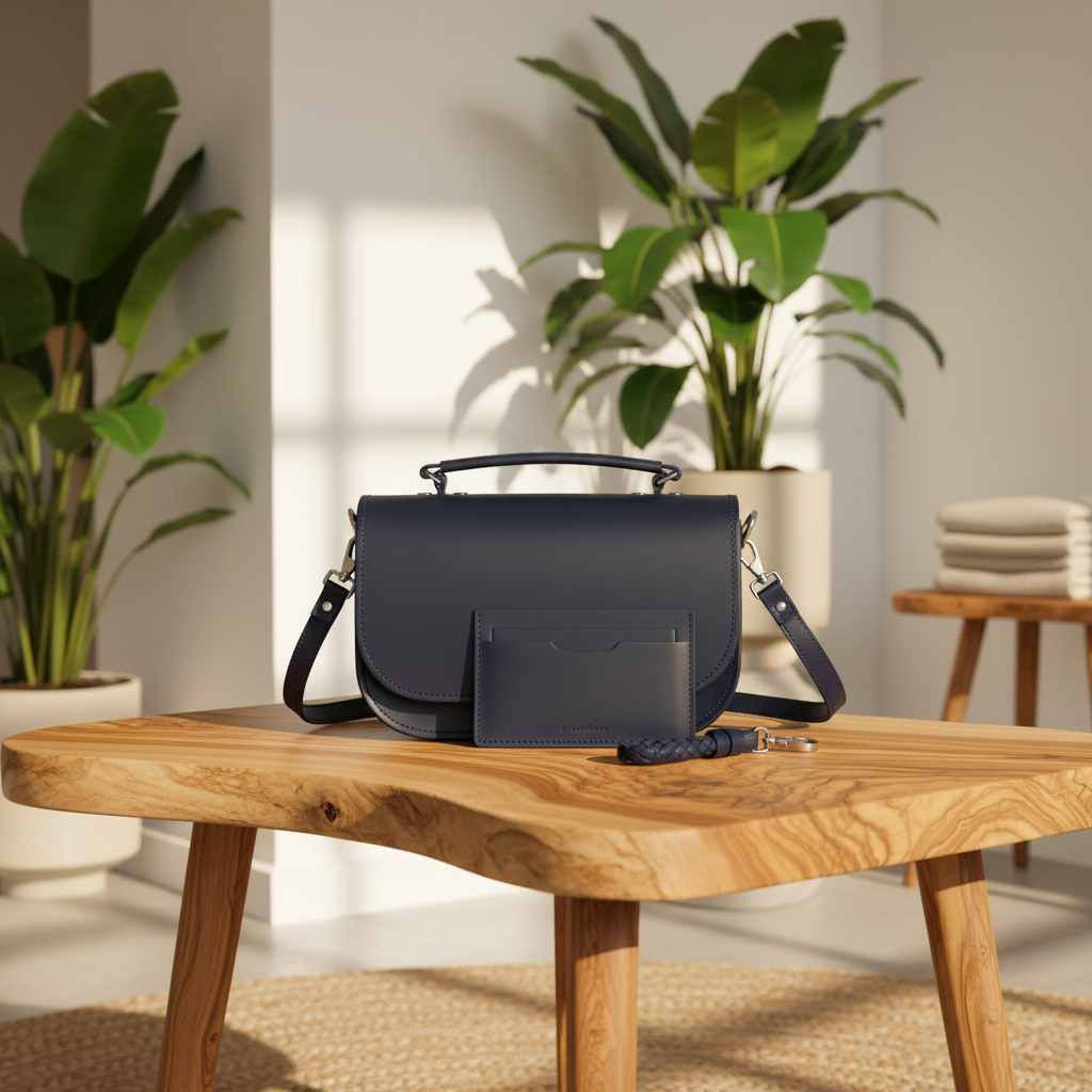 A dark navy blue leather handbag with a top handle and front card pocket sits on a rustic wooden table in a bright, modern room with potted plants in the background.