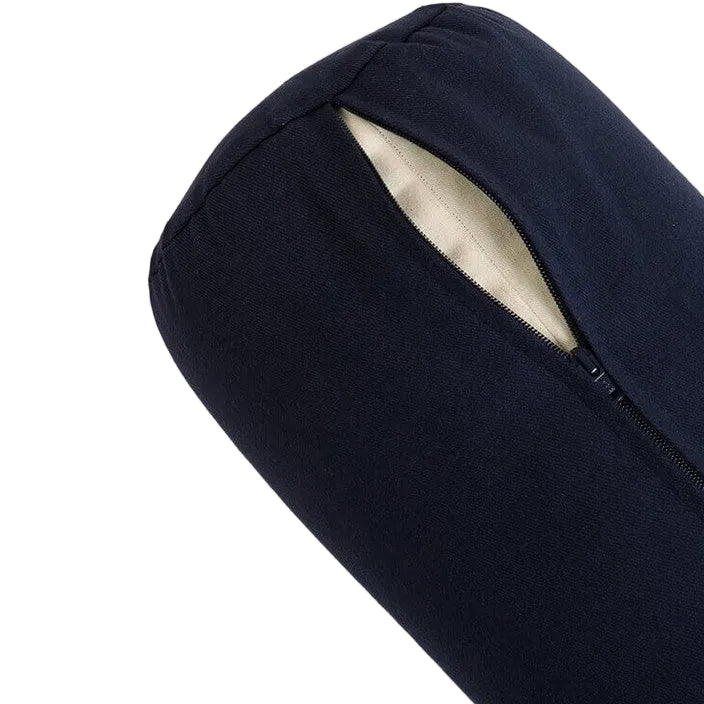 Navy blue yoga cushion with a zipper on a light beige background