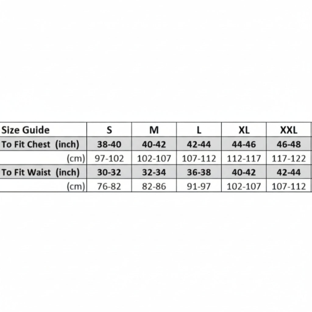 Size guide chart for clothing measurements in inches and centimeters.