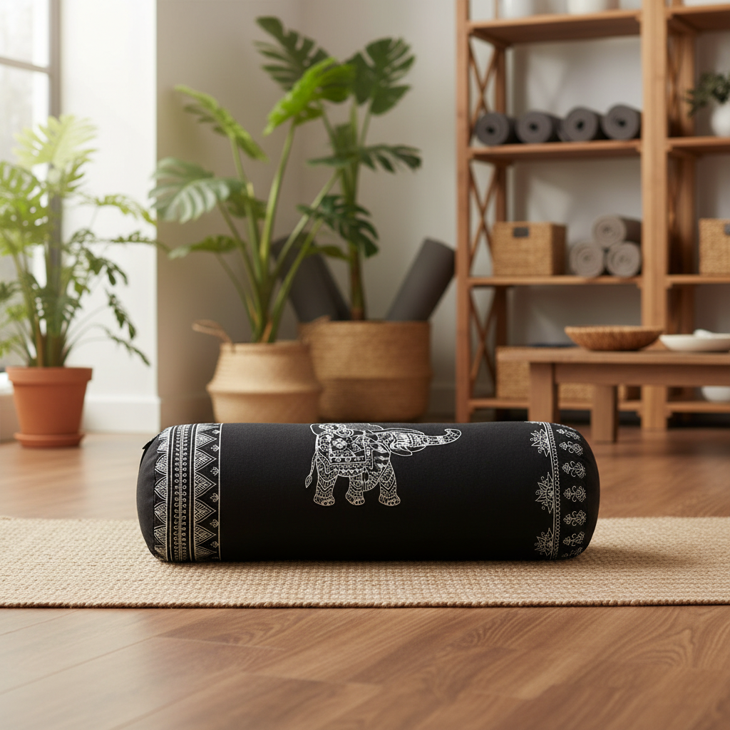 A black cylindrical yoga bolster pillow with a white elephant and geometric border print, resting on a woven mat in a cosy, plant-filled room.