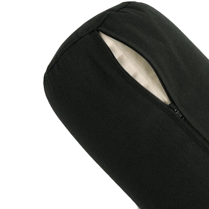 Black travel pillow with zipper on a light gray background