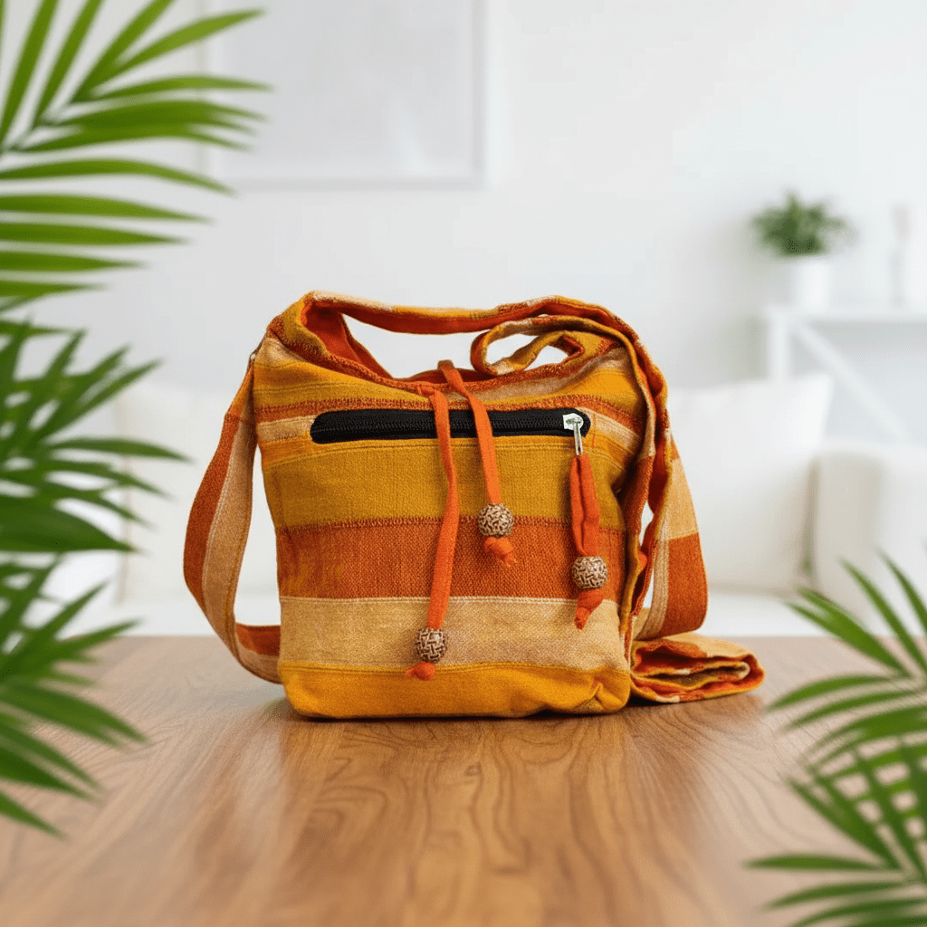 Orange and yellow striped bag on a wooden surface with plants in the background