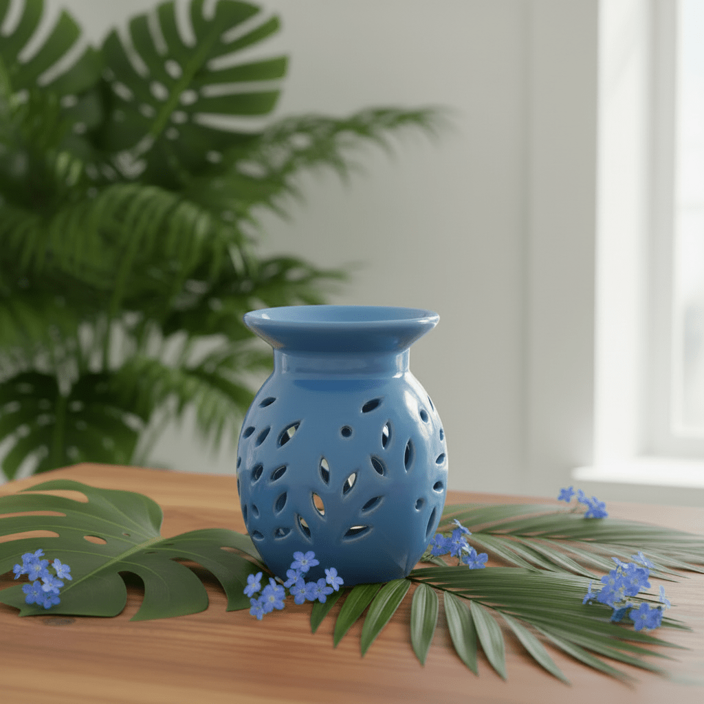 Blue ceramic diffuser with floral decorations on a wooden surface