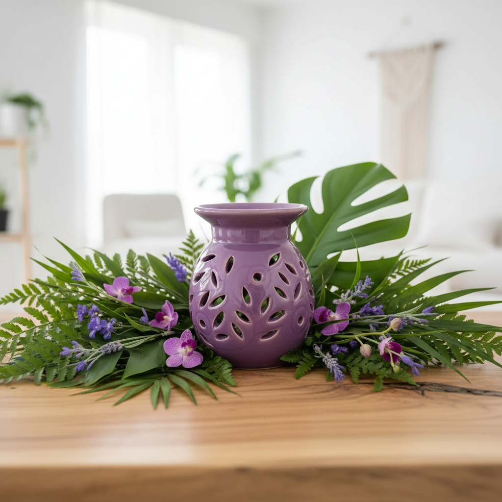 Purple ceramic oil burner with greenery on a wooden surface