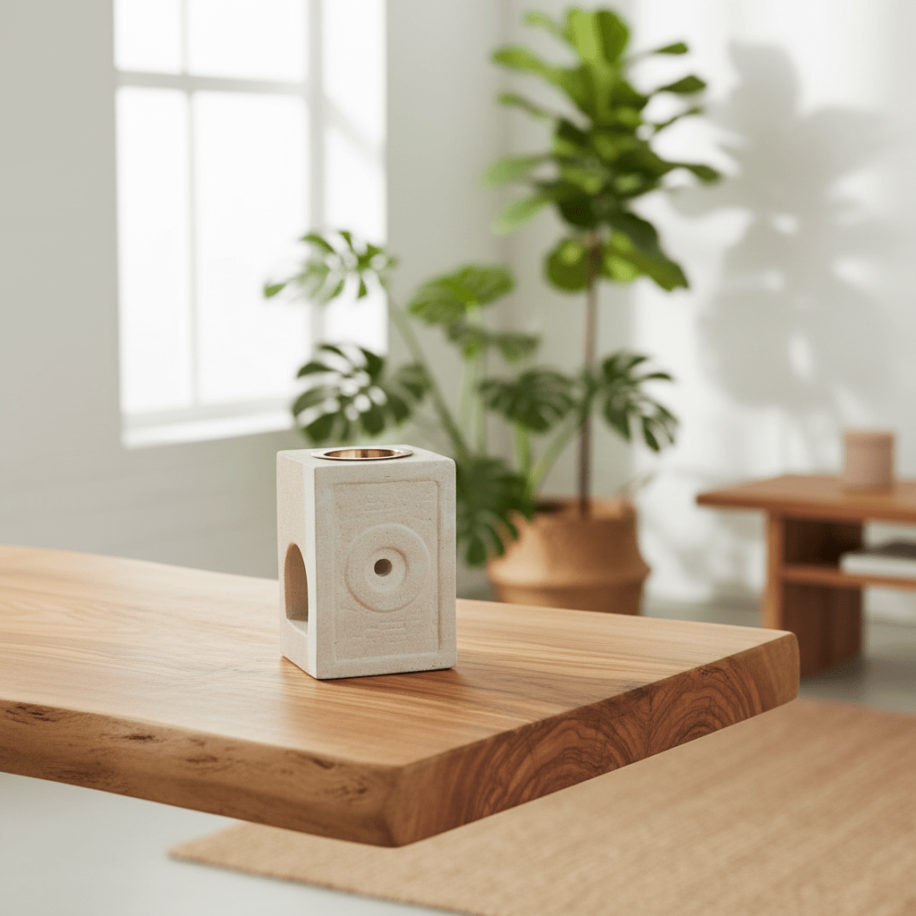Natural sandstone oil burner on a wooden surface with plants in the background