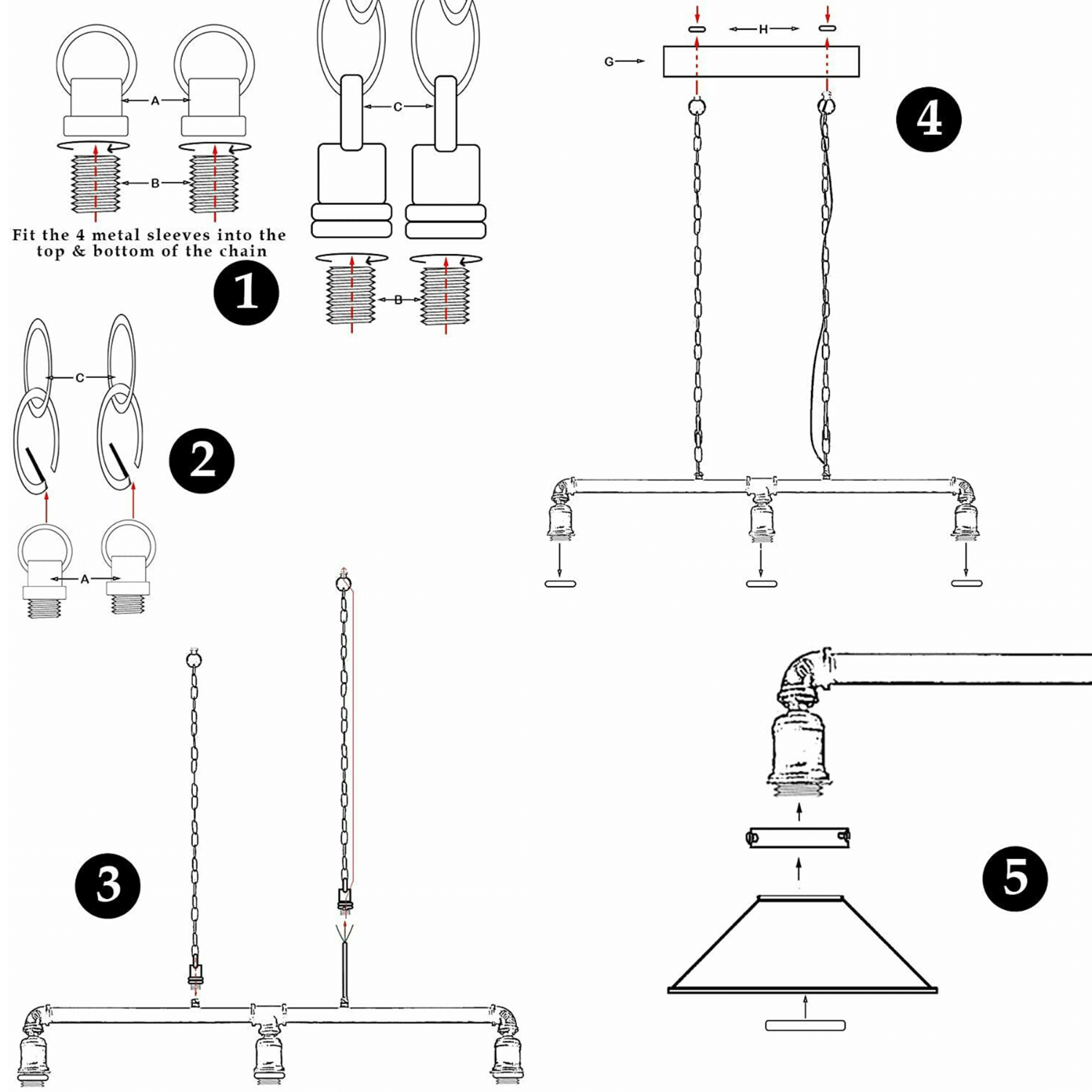 3 Way Vintage Cabin Metal Ceiling Pipe Light Steampunk Lamp Shades~1124-7