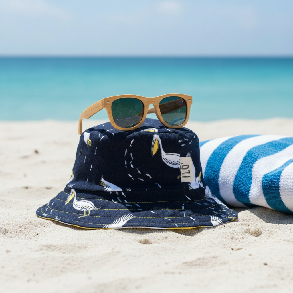 Navy bucket hat with bird pattern and sunglasses on a sandy beach with ocean in the background