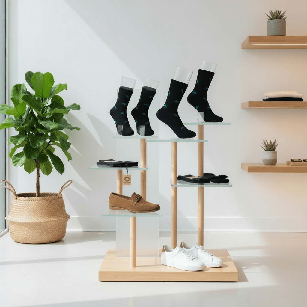 Shoe rack with shoes and socks on a white shelf with a plant in the background